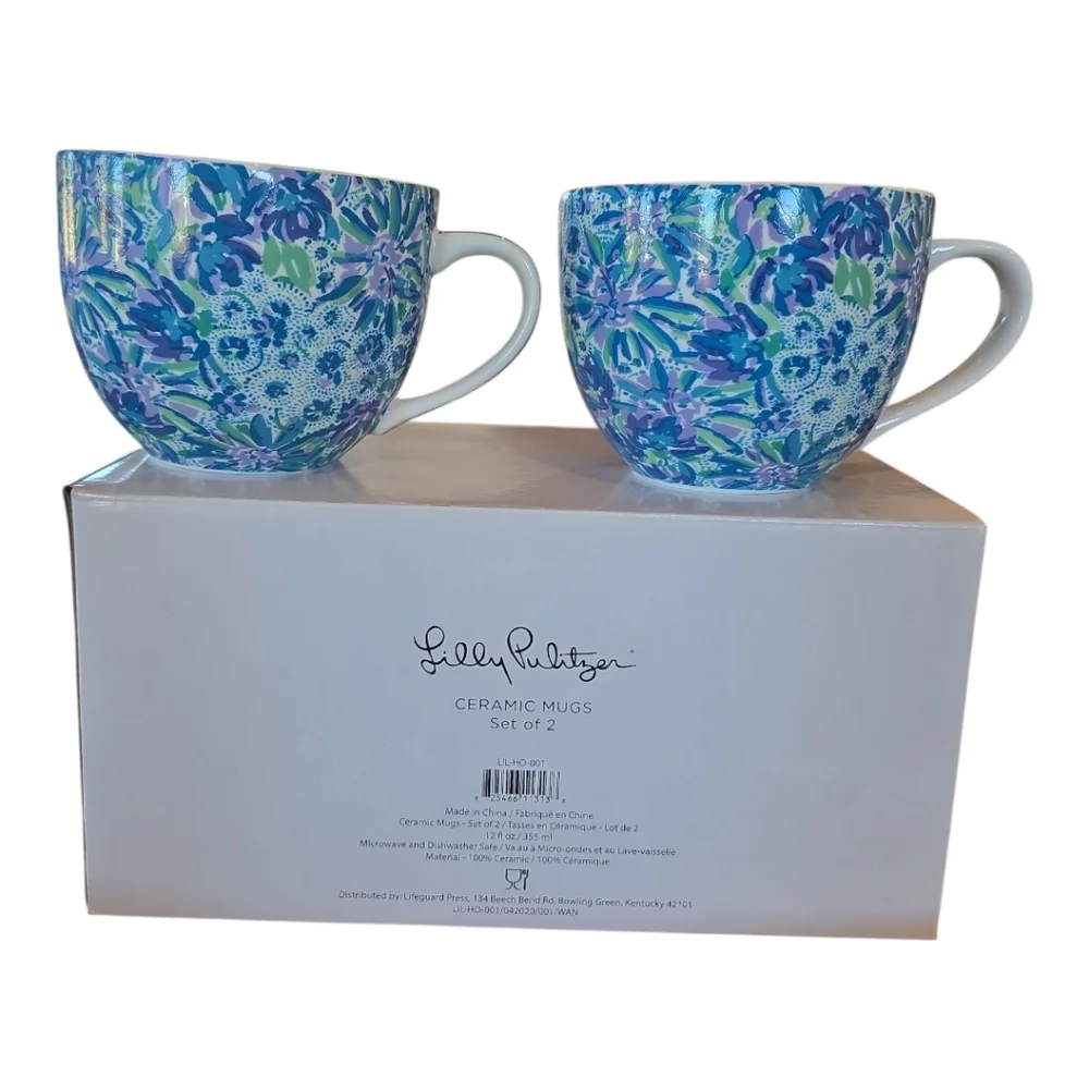 Lilly Pulitzer NIB Set of 2 Coffee Cup Gold Handle 12 oz Blue High Maintenance